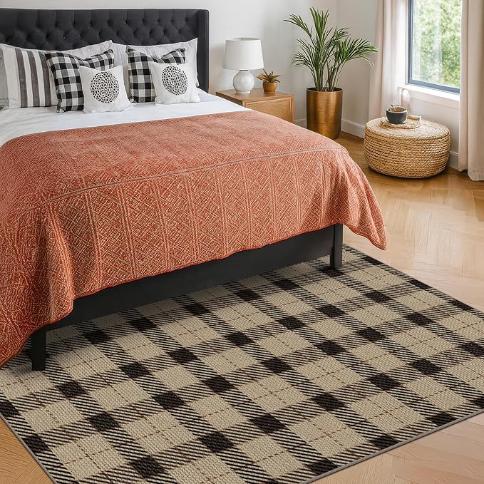 5x7 Farmhouse Rugs for Living Room - Easy Jute Area Rug for Large Entryway Indoor Outdoor, Patio, Bedroom Under Bed, Washable Non Slip Rustic Woven Checkered Plaid Black and Tan Carpet