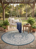 Rugs.com Outdoor Aztec Collection Rug – 5 Ft Round Blue Flatweave Rug Perfect for Kitchens, Dining Rooms