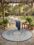 Rugs.com Outdoor Aztec Collection Rug – 5 Ft Round Blue Flatweave Rug Perfect for Kitchens, Dining Rooms