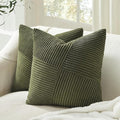 Topfinel Set of 2 Olive Green Decorative Throw Pillow Covers 16x16 Inches for Couch Bed Sofa, Boho Aesthetic Home Decor, Soft Corduroy Striped Patchwork Windmill Textured Cushion Cases 40x40 cm
