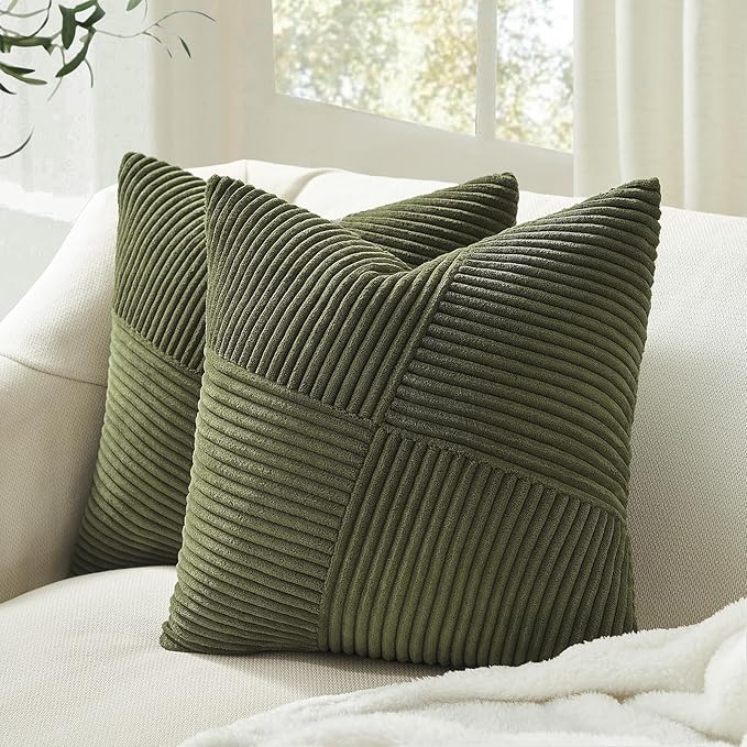 Topfinel Set of 2 Olive Green Decorative Throw Pillow Covers 16x16 Inches for Couch Bed Sofa, Boho Aesthetic Home Decor, Soft Corduroy Striped Patchwork Windmill Textured Cushion Cases 40x40 cm