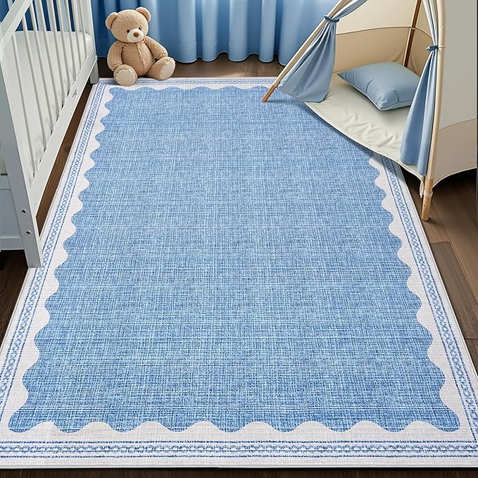 GarveeHome 5x7 Rug for Living Room, Scalloped 5 X 7 Area Rugs Washable Non-Slip Solid Blue Modern Minimalism Low-Pile Carpet for Bedroom Dining Nursery Mat with Rubber Back