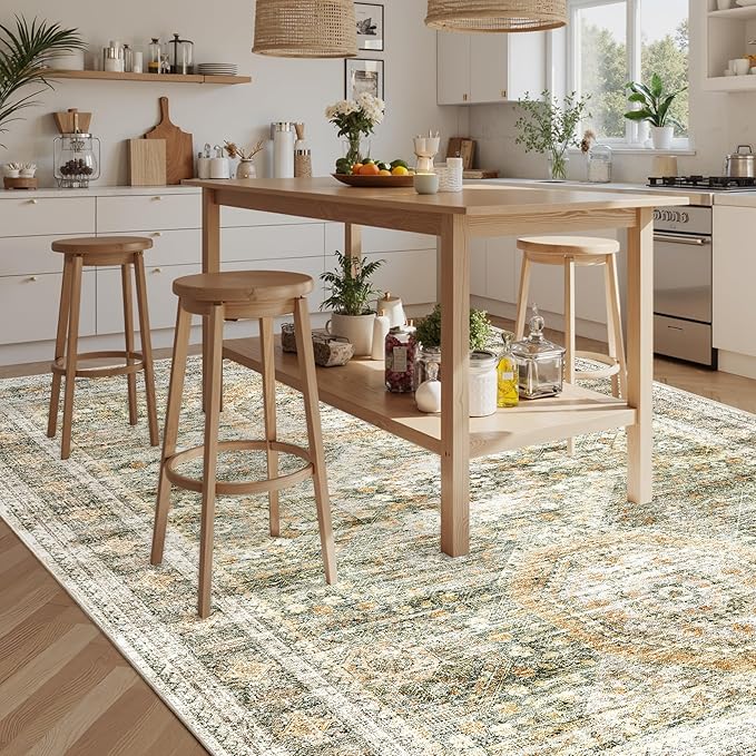 Washable Area Rug 8x10, Large Soft Rugs for Living Room Vintage 8x10 Area Rugs for Bedroom Dining Room Non-Slip Stain Resistant Under Table Green Orange Rug