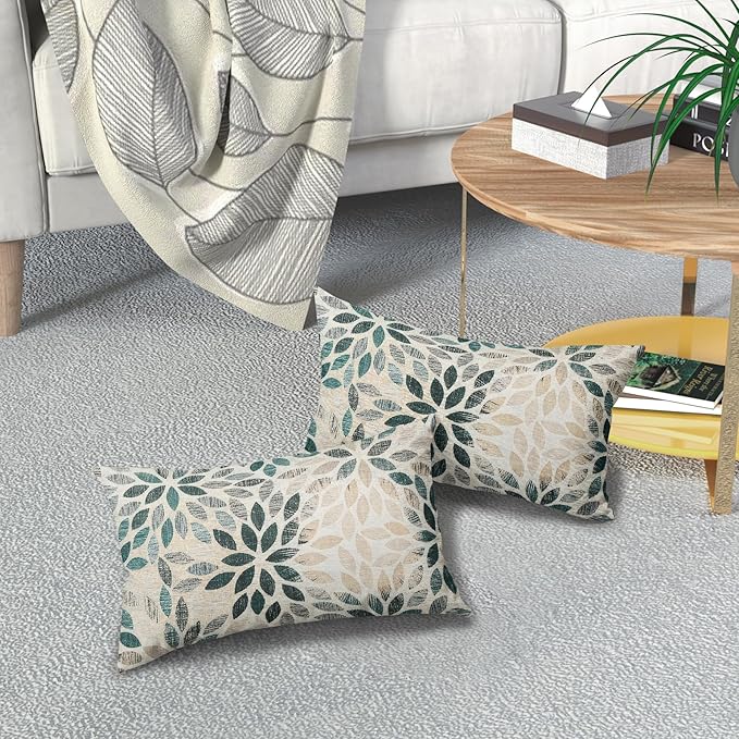 Kawani Teal Dahlia Lumbar Pillow Covers 12X20 Inch Turquoise Geometric Flower Decorative Pillow Cases Set of 2 Beige Tan Gray Floral Throw Pillows for Cushion Sofa Couch Farmhouse Outdoor