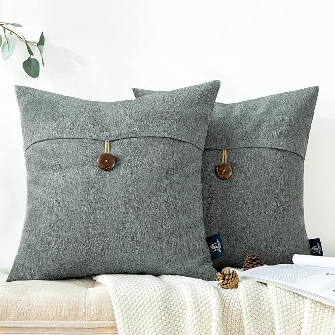 Phantoscope Pack of 2 Farmhouse Throw Pillow Covers Button Vintage Linen Decorative Pillow Cases for Couch Bed and Chair Gray 20 x 20 inches 50 x 50 cm