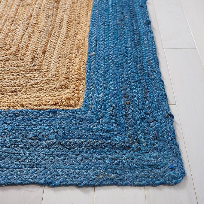 SAFAVIEH Natural Fiber Collection Area Rug - 6' Square, Natural & Blue, Handmade Flat Weave Boho Farmhouse Rustic Border Jute, Ideal for High Traffic Areas in Living Room, Bedroom (NFB852M)