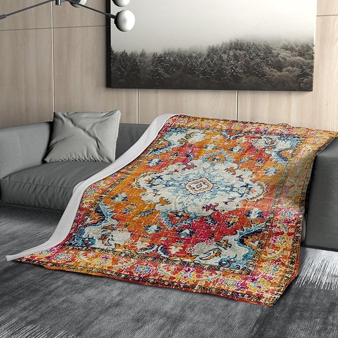 Vintage Rug Blanket Soft Flannel Lightweight Red Orange Retro Carpet Aesthetic Throw Blanket Cozy Warm Blankets All Seasons Living Room Decor for Kids Adults Use On Couch Bed Office 40x50 inch