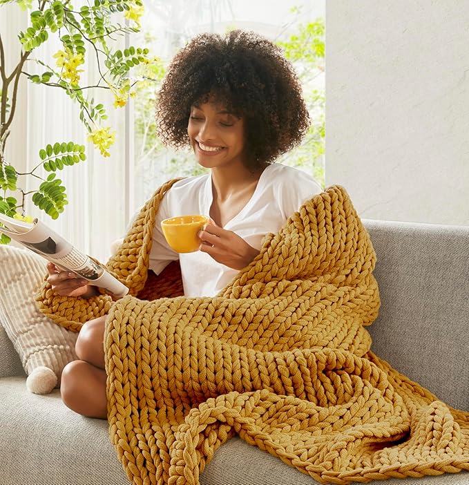 Madison Park Boho Throw Blanket, Soft Blanket Handmade Gift Home Decor, Lightweight & Breathable All Seasons Spring Chunky Knit Blanket, Knitted Throw for Couch, Bed Blanket, 50"x60" Yellow