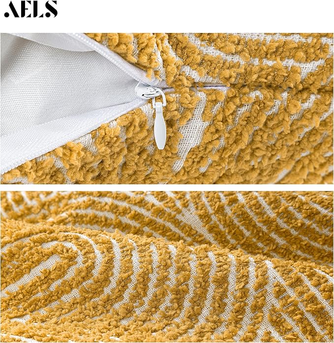 AELS Boho Decorative Textured Throw Pillow Covers 24x24, Organic Modern Mid Century Rainbow Tufted Pillow Case, Farmhouse Rustic Geometric Woven Cushion Case for Bed Couch Sofa, Mustard Yellow