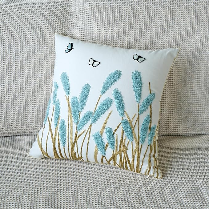 vctops Farmhouse Pampas Grass Cotton Tufted Throw Pillow Cover Boho Embroidery Pillowcase Soft Square Cushion Case for Sofa Couch Bed Chair (Blue C,18"x18")
