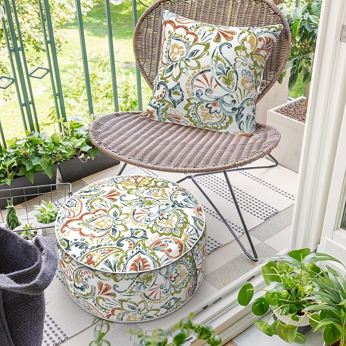 Inflatable Ottoman Stool D21 xH9 for Outdoor/Indoor Use, Water Repellent Patio Foot Rest with Portable Handle,Round Pouf Ottoman Suitable for Garden,Deck and Camping-Paisley Botanical