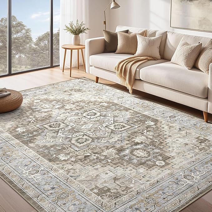Washable Rug 7x9 Area Rugs: Boho Vintage Distressed Oriental Medallion Neutral Thin Large Rug Carpet for Living Room Bedroom Dining Room Home Office Decor - Brown Gray
