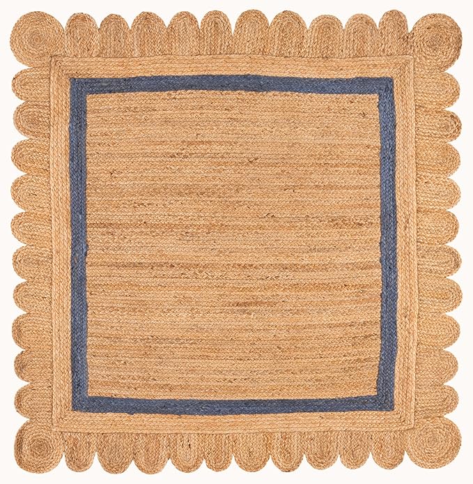 SAFAVIEH Natural Fiber Collection Area Rug - 6' Square, Natural & Blue, Handmade Jute, Ideal for Living Room, Bedroom, Dining Space (NF896M)