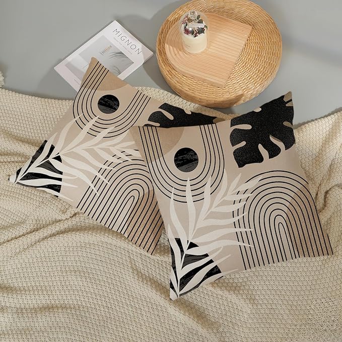 Boho Black Pillow Covers 18x18 Inch Set of 2 Black BeigeTropical Leaf Decor Mid Century Throw Pillows Outdoor Bohemian Modern Decorative Pillowcase Farmhouse Linen Cushion Case for Couch Sofa
