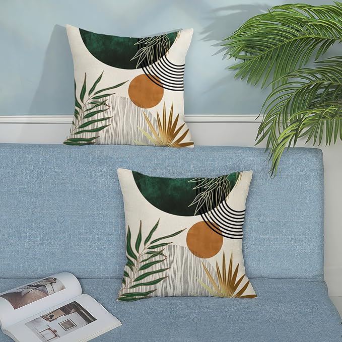 Boho Pillow Covers 18x18 Set of 2 Gold Green Throw Pillows Modern Mid Century Pillowcase Tropical Leaves Orange Sun Decorative Pillows Outdoor Decorations Bohemian Cushion Case for Sofa Home