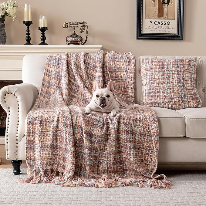 Soft Neon Color Knit Throw Blanket with Tassels, Cozy Boho Home Decro Throw for Sofa Couch Chair Bed, 50X60 Inch, Machine Washable, Pink Color Scheme