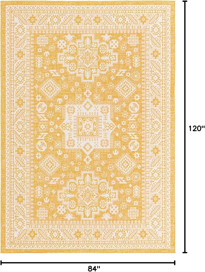 Rugs.com Outdoor Aztec Collection Rug – 7' x 10' Yellow Flatweave Rug Perfect for Living Rooms, Large Dining Rooms, Open Floorplans