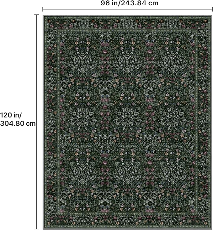 GENIMO 8x10 Area Rug for Living Room, Washable Vintage Floral Low Pile Non-Slip Large Carpet for Bedroom Dining Room, Stain Resistant Botanical Indoor Rug (Dark Green)