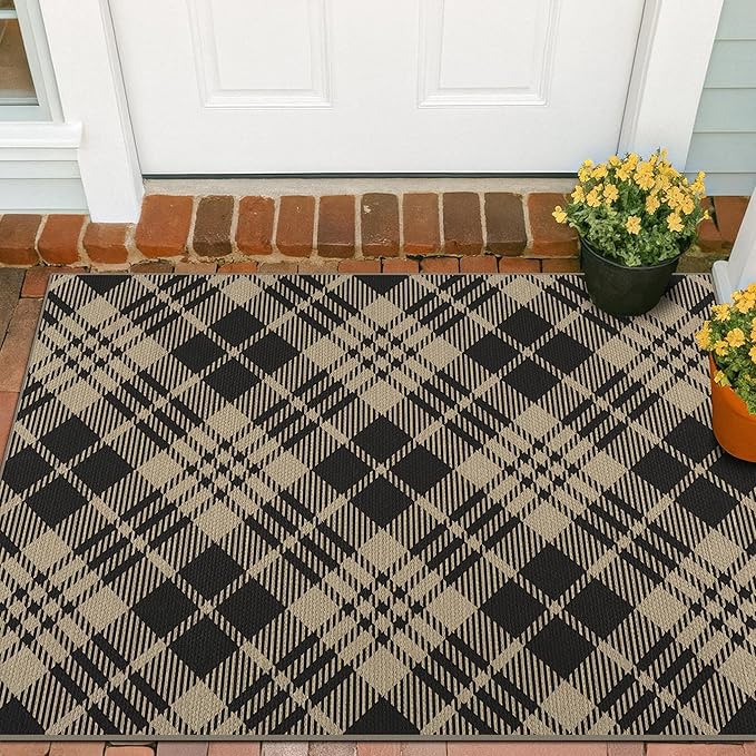 JTJ Vintage Indoor Entrance 4x3 Rug - Easy Jute Woven Door Mat for Indoor Area, 3x4 Large Kitchen Rug, Washable Low Pile Black and White Geometric Aesthetic Natural Color Decor