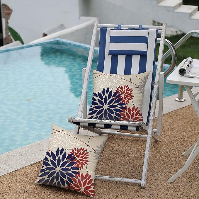 DFXSZ 4th of July Pillow Covers 20x20 Inch Set of 2 Patriotic Blue Red Floral Outdoor Waterproof Decorative Throw Pillows Polyester Cushion Case Decor for Patio Funiture Garden Couch 01H20