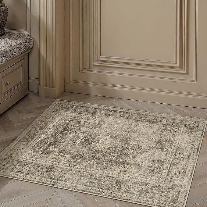 2x3 Washable Area Rug for Entryway Brown Vintage Non-Slip Low Pile Distressed Rustic Carpet Door Mat Soft Small Throw Rug for Indoor Entrance Bathroom
