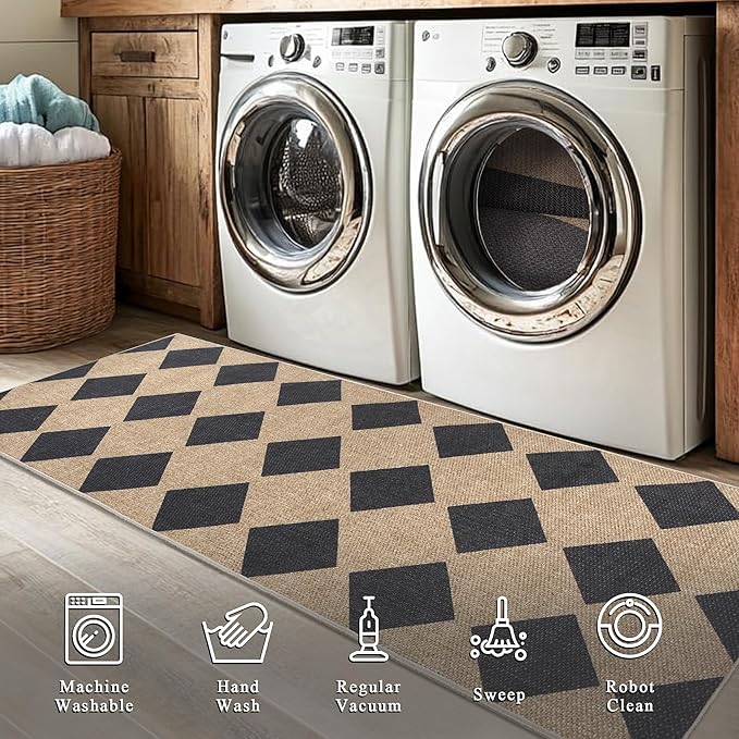 Checkered Easy Jute Rug 8x10 Outdoor Rug Large Washable Area Rugs for Living Room Bedroom Non Slip Neutral Farmhouse Indoor Outdoor Carpet for Backyard Patio Office