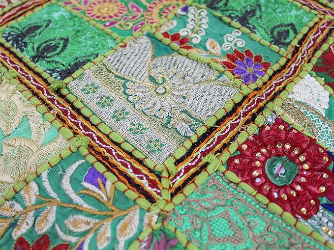 Mam Treasures Indian Bohemian Decorative Pillow Vintage Cushion Cover Patchwork Square Floor Pillow Cover Meditation Cushion Large Floor Pillow Indian Cushion (Light Green, 18 X 18 X 5 Inch)