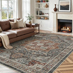 5x7 Area Rugs, Stain Resistant Machine Washable Area Rugs with Non-Slip Backing, Vintage Rugs for Bedroom, Living Room, Large Soft Low Pile Area Rug (Grey/Brown/Tan, 5'x7')