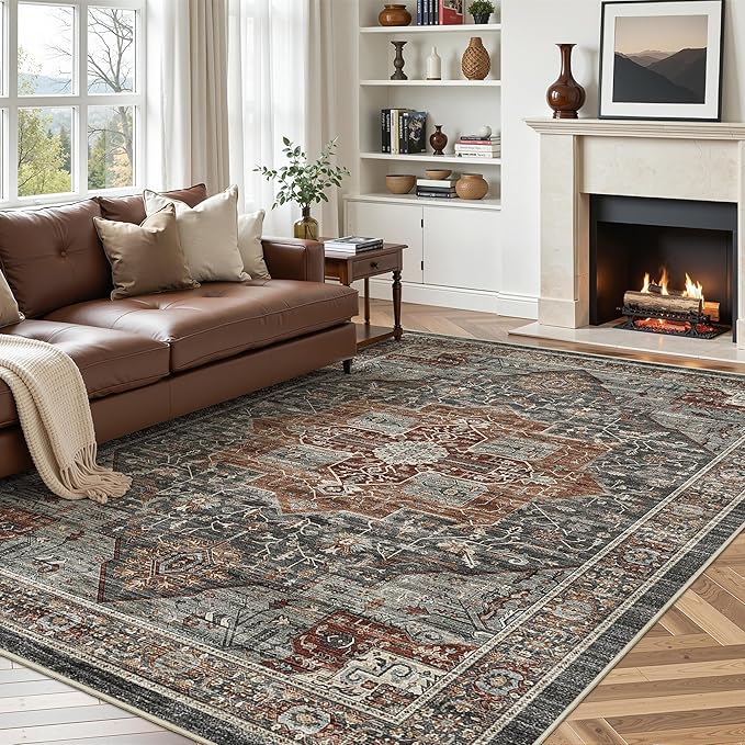 5x7 Area Rugs, Stain Resistant Machine Washable Area Rugs with Non-Slip Backing, Vintage Rugs for Bedroom, Living Room, Large Soft Low Pile Area Rug (Grey/Brown/Tan, 5'x7')