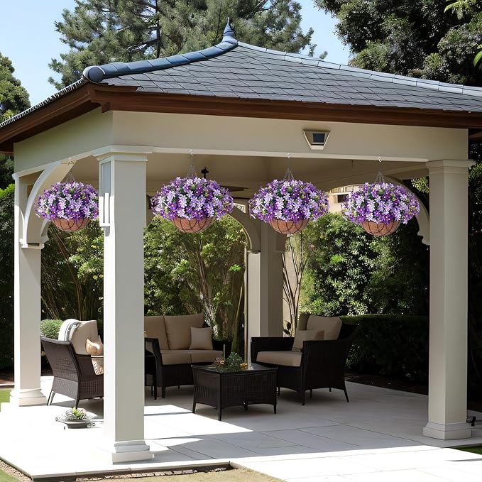 Artificial Flowers with Hanging Planter for Outdoors, Faux Silk Daisy Flower UV Resistant Plants in Basket Indoor Porch Garden Yard Spring Summer Decor(Purple)