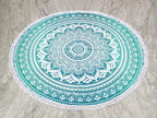 Round Beach Tapestry Turquoise Mandala Throw/Boho Hippie Beach Blanket Roundie/Indian Cotton Bohemian Large Round Table Cloth-Home Decor/Yoga Mat Meditation Picnic Rug (42", Green and White)