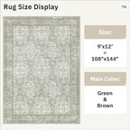 9x12 Area Rugs for Living Room, Non Slip Machine Washable Vintage Rugs, Low Pile Lightweight Large Rug for Bedroom, Dining Room, Home Office Green/Brown