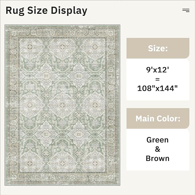 9x12 Area Rugs for Living Room, Non Slip Machine Washable Vintage Rugs, Low Pile Lightweight Large Rug for Bedroom, Dining Room, Home Office Green/Brown
