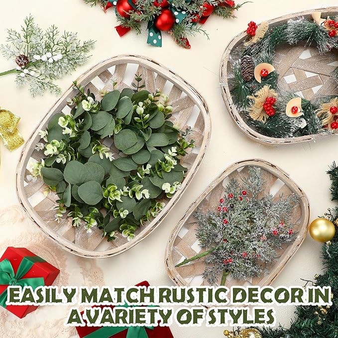 Maxcheck 3 Pcs Rustic Baskets Decoration Vintage Woven Wooden Basket Farmhouse Wooden Nesting Trays Decorative Basket for Home Kitchen(18.9 x 12.6'', 15 x 11'', 12.6 x 8.7'')