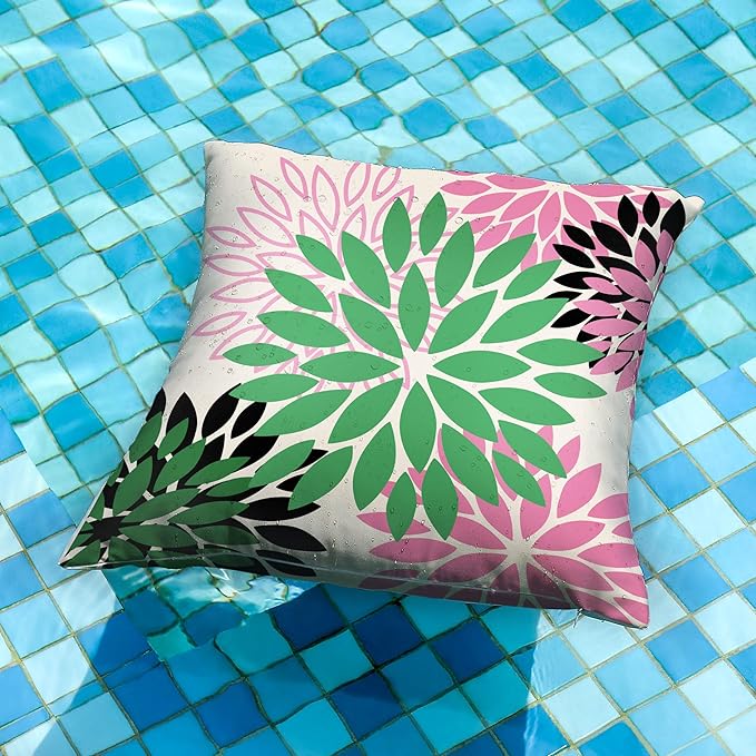DFXSZ Green Pink Black Flower Pillow Covers 18x18 Inch Set of 2 Outdoor Throw Pillows Outdoor Waterproof Decor for Living Room Sofa Patio Funiture Garden Floral Polyester Pillow Covers 012B18