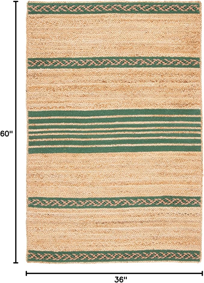 SAFAVIEH Natural Fiber Collection Accent Rug - 3' x 5', Natural & Green, Handmade Stripe Boho Farmhouse Rustic Braided Jute, Ideal for High Traffic Areas in Entryway, Living Room, Bedroom (NFB262Y)