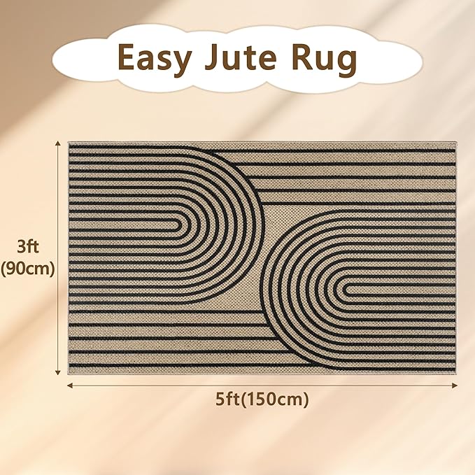 Outdoor Rug Easy Jute Rug 3x5 Entryway Porch Area Rug Indoor Foyer Outdoor Patio Door Mat Washable Non-Slip Low Pile Black Rainbow Throw Carpet for Living Room Kitchen Bedroom Balcony Floor Mats