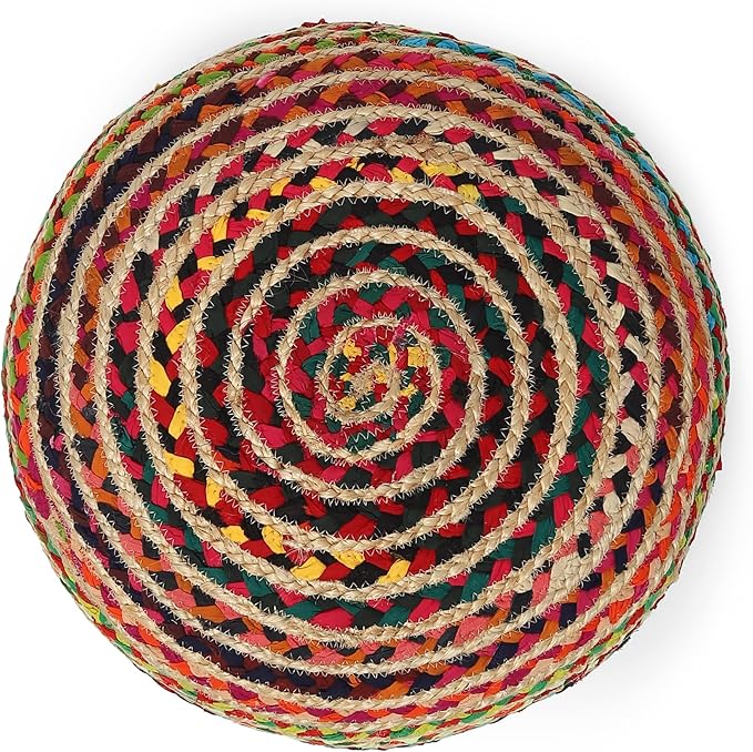 REDEARTH · Round Pouf Ottoman - Braided Boho Poof Home Décor Pouffe Accent Sitting Circular Foot Rest for Living Room, Bedroom, Nursery, Lounge; Jute and Cotton Set of 2 (19.5"X19.5"X14"; Multi)
