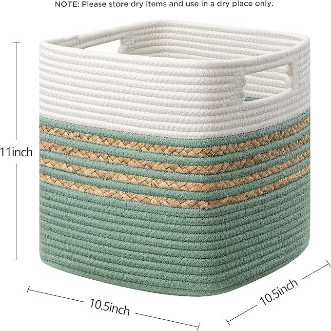UBBCARE Set of 4 Storage Cubes 11 X 10.5 X 10.5 in, Water Hyacinth Storage Bins for Shelves, Toys, Books, Organizing Baskets with Handles, Cotton Rope Woven Baskets, Green