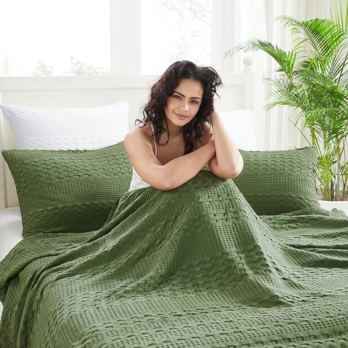 VHC Brands 100% Cotton Waffle Weave Queen Blanket 90"x90", Decorative Lightweight Spring and Summer Throw Blanket, Bedroom Decor for Bed, Couch, or Sofa, Olive Green