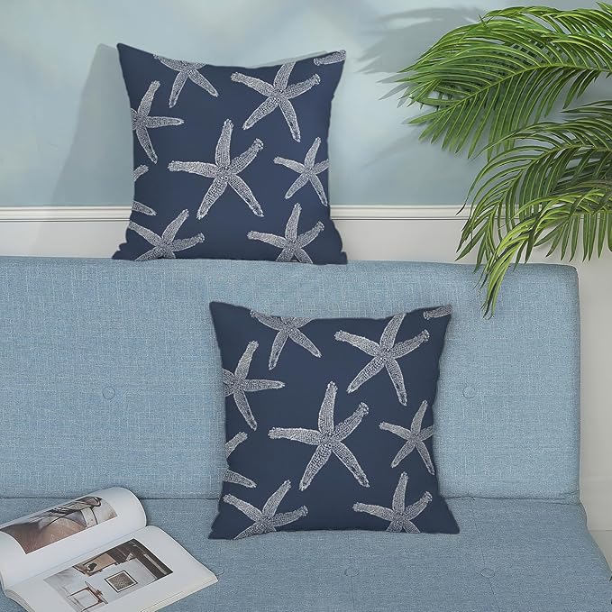 Navy Blue Starfish Pillow Covers 18x18 Inch Set of 2 Coastal Throw Pillows Summer Nautical Ocean Theme Decorations Beach Pillowcase Linen Outdoor Decor Farmhouse Cushion Case for Home Bedroom