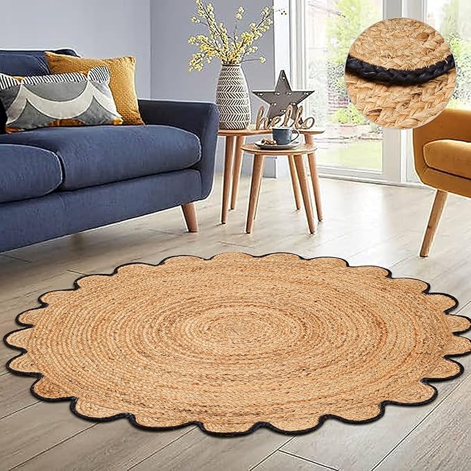 Hand Woven Braided Jute Rug - 5' Round - Reversible Farmhouse Dining Room Rug, Living Room, Bedroom, Kitchen - Natural Decorative Floor Boho Entry Area Rugs - 5 Foot Round Rug