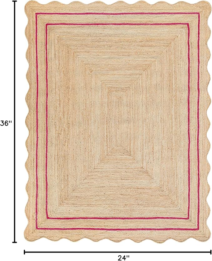Wave Scalloped Natural Jute Runner, Dark Pink (2'x3'): Boho Farmhouse Scallop Entryway Rug