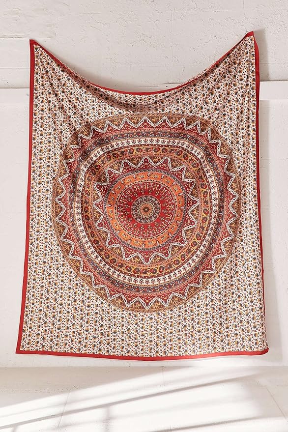 Popular Handicrafts Wall Hanging Tapstry for Bedroom Hippie Psychedelic Mandala Bohemian Hippy Intricate Floral Design Indian Tapestries Bedspread 54x84 Inches (140cmx215cm) Red
