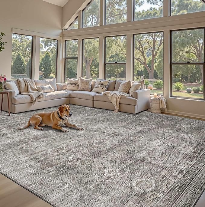 9x12 Area Rugs for Living Room Bedroom, Large Washable Rug, Grey Vintage Retro Boho Rug, Non Slip & Low Pile Faux Wool Thin Carpet for Indoor Dining Room and Kids Room(Taupe/Grey 9x12ft)
