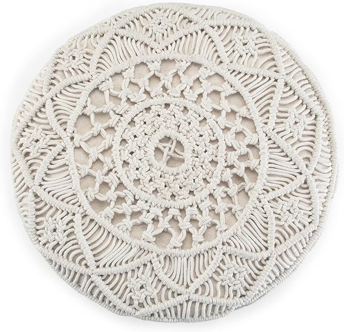 SIMPLIHOME Coates Round Pouf - 18 inch Wide Handwoven Cotton Macrame Ottoman in Natural, Boho Footstool, Decorative Pouf or Extra Seating for Living Room, Bedroom, or Kids Room, Assembled