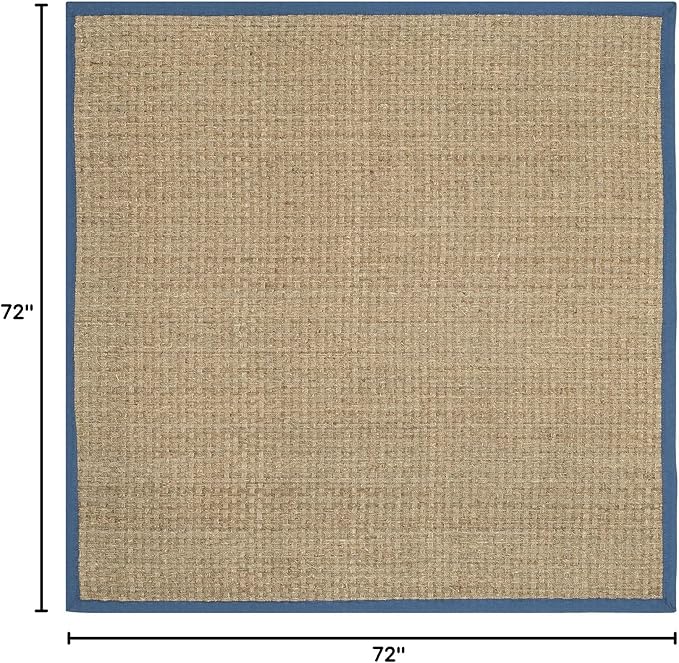 SAFAVIEH Area Rug 6' Square - Natural Fiber Collection - Natural & Navy, Seagrass, Basketweave Pattern with Border (NF114T)