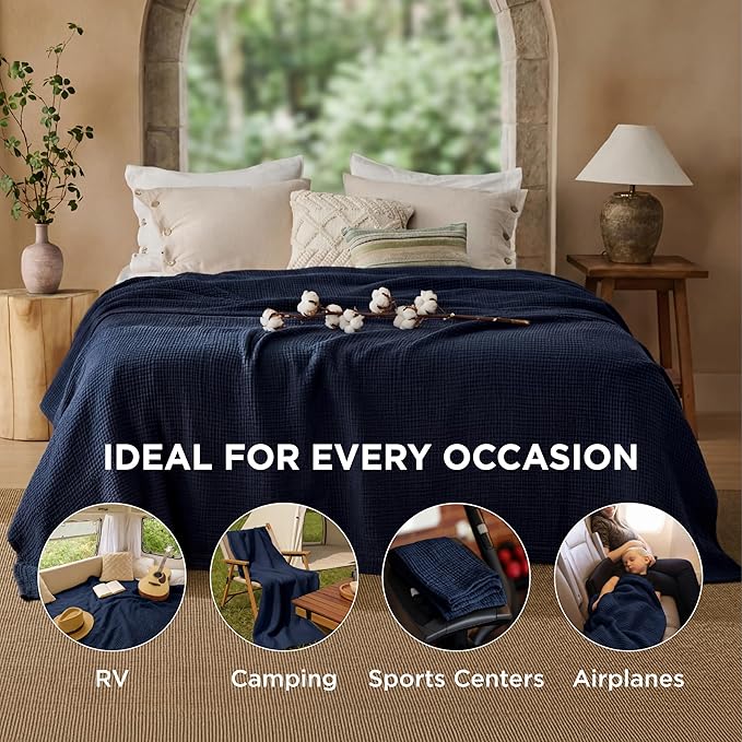 Bedsure 100% Cotton Muslin Blanket Queen Size for Bed - 4-Layer Breathable and Lightweight Thin Soft Summer Gauze Muslin Blankets for Adults, Navy Blue, 90x90 Inches