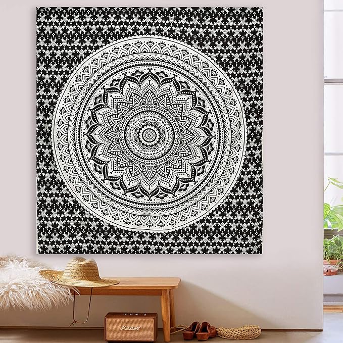ANJANIYA Ombre Wall Hanging Bohemian Tapestry, Metallic Wall Art Bedspread, Psychedelic Hippie Mandala Dorm Décor for Hanging, Bedding, Beach Coverlet Curtain, Black Silver, 54"X60"