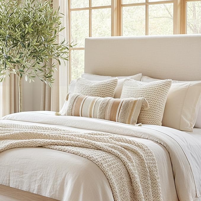 BlissBlush Decorative Lumbar Pillow Cover 14x36 for Bed, Neutral Cream Boho Long Accent Pillow with Tassels, Beige Rectangular Cushion for Couch Sofa Bench Bedroom (Cover Only)